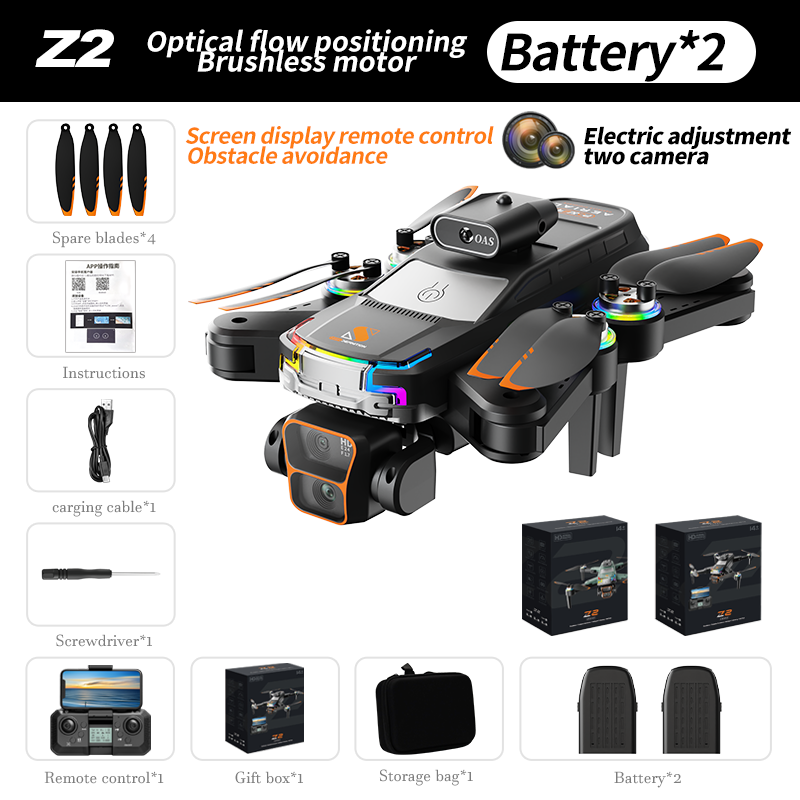 Drone with Dual Cameras Z2, Ultra-Long Endurance, Professional Aerial Photography, Screen Control Remote Aircraft, Brushless Obstacle Avoidance, Large-Size Flying Device