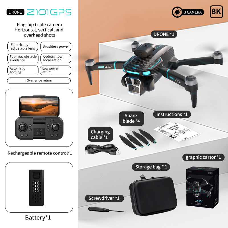 Drone with Three Cameras Quadcopter Z101, Long-endurance, High-definition, Obstacle Avoidance and Remote Control