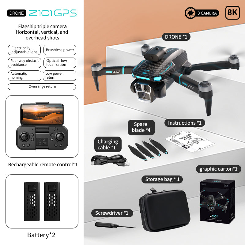 Drone with Three Cameras Quadcopter Z101, Long-endurance, High-definition, Obstacle Avoidance and Remote Control